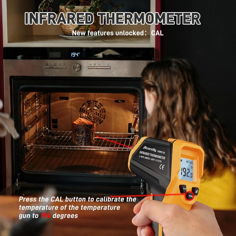 AHOSOUTLY Infrared Thermometer Laser Temperature Gun -58℉ to 1112℉,with Cal Calibration and Adjustable Emissivity,Min& Max Measure,for Cooking,Oven,Meat Food,HVAC,Appliance（Yellow） - Image 2